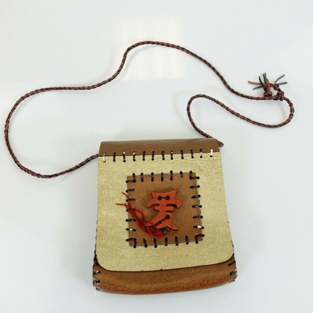 Womens Bag Leather Crossbody Sling Braided  Brown Beige Woven Boho‎ Japanese Y2K